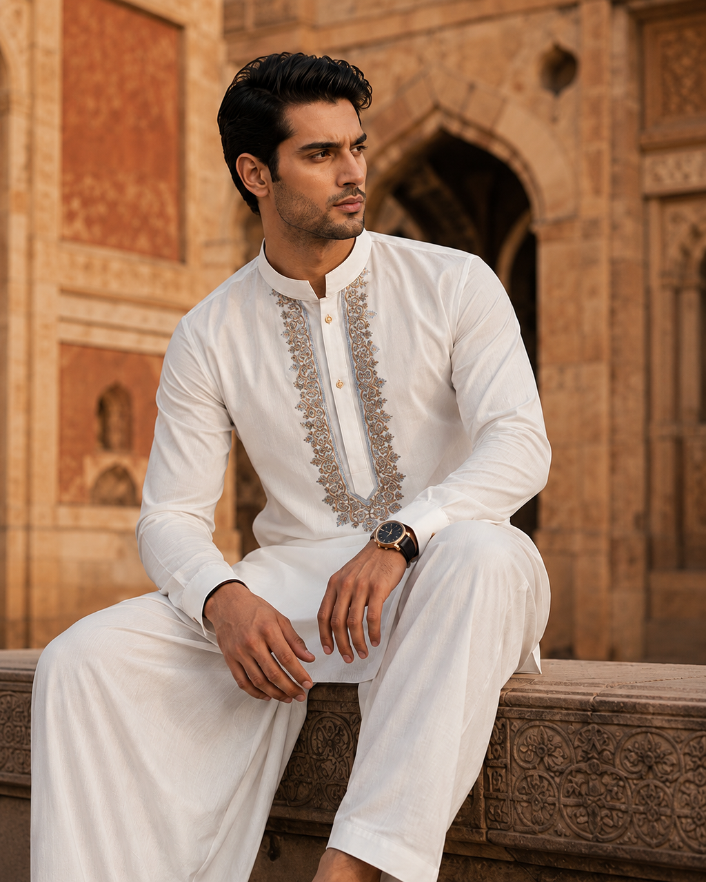 STITCHED - White Pure Cotton Kurta Shalwar with Ice Blue Kashmiri Embroidery (FKH-CTK03)