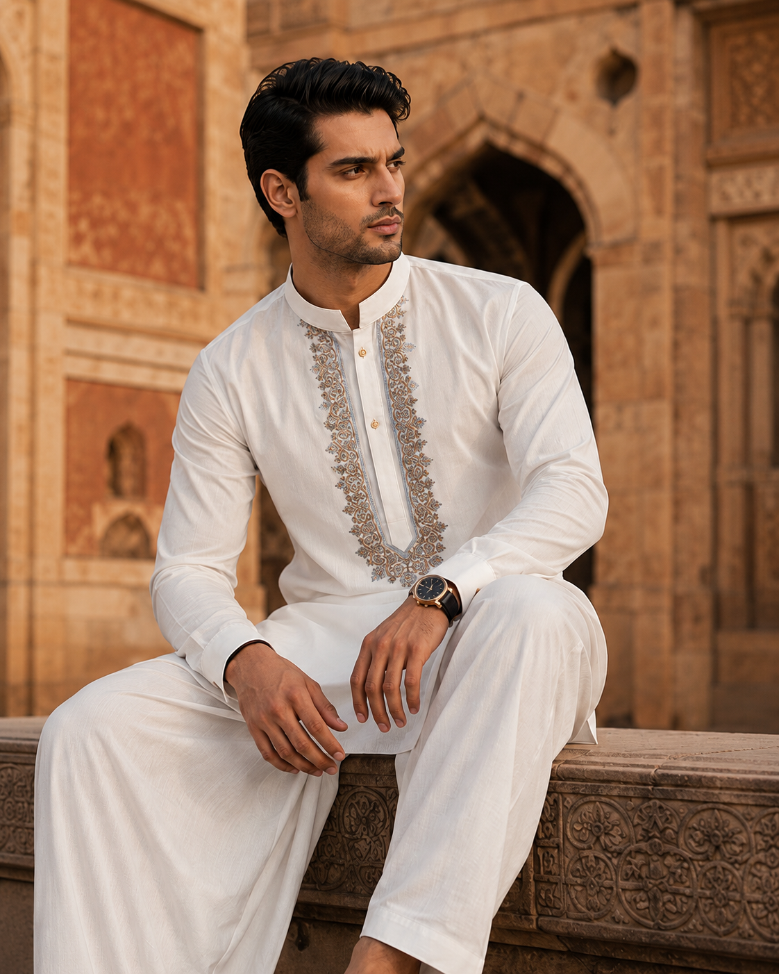 STITCHED - White Pure Cotton Kurta Shalwar with Ice Blue Kashmiri Embroidery (FKH-CTK03)