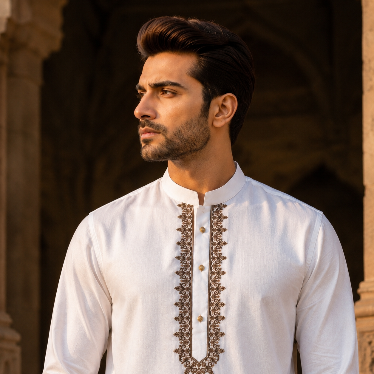 STITCHED - White Pure Cotton Kashmiri Embroidered Kurta Shalwar with Brown & Beige Embroidery (FKH-CTK13)