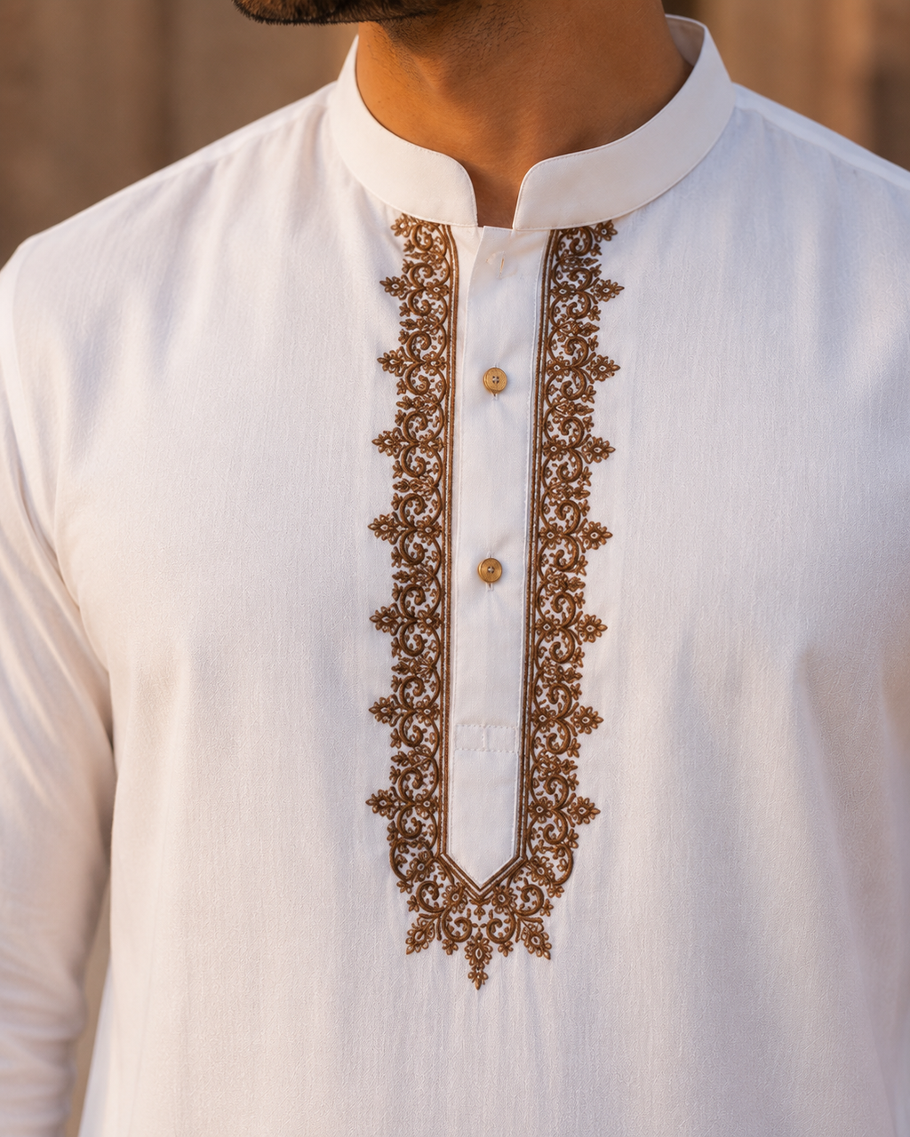STITCHED - White Pure Cotton Kashmiri Embroidered Kurta Shalwar with Copper Brown Embroidery (FKH-CTK11)