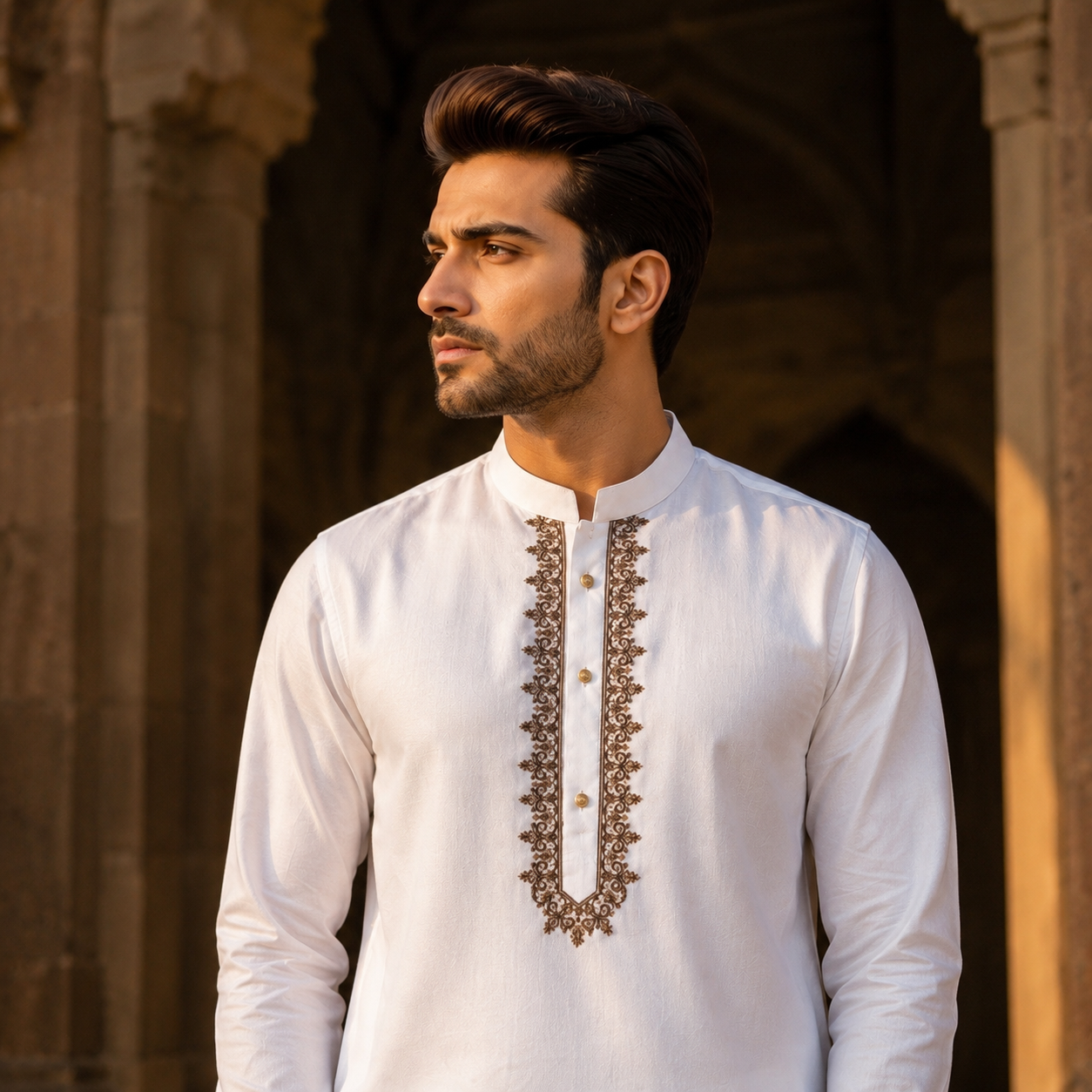 STITCHED - White Pure Cotton Kashmiri Embroidered Kurta Shalwar with Brown & Beige Embroidery (FKH-CTK13)