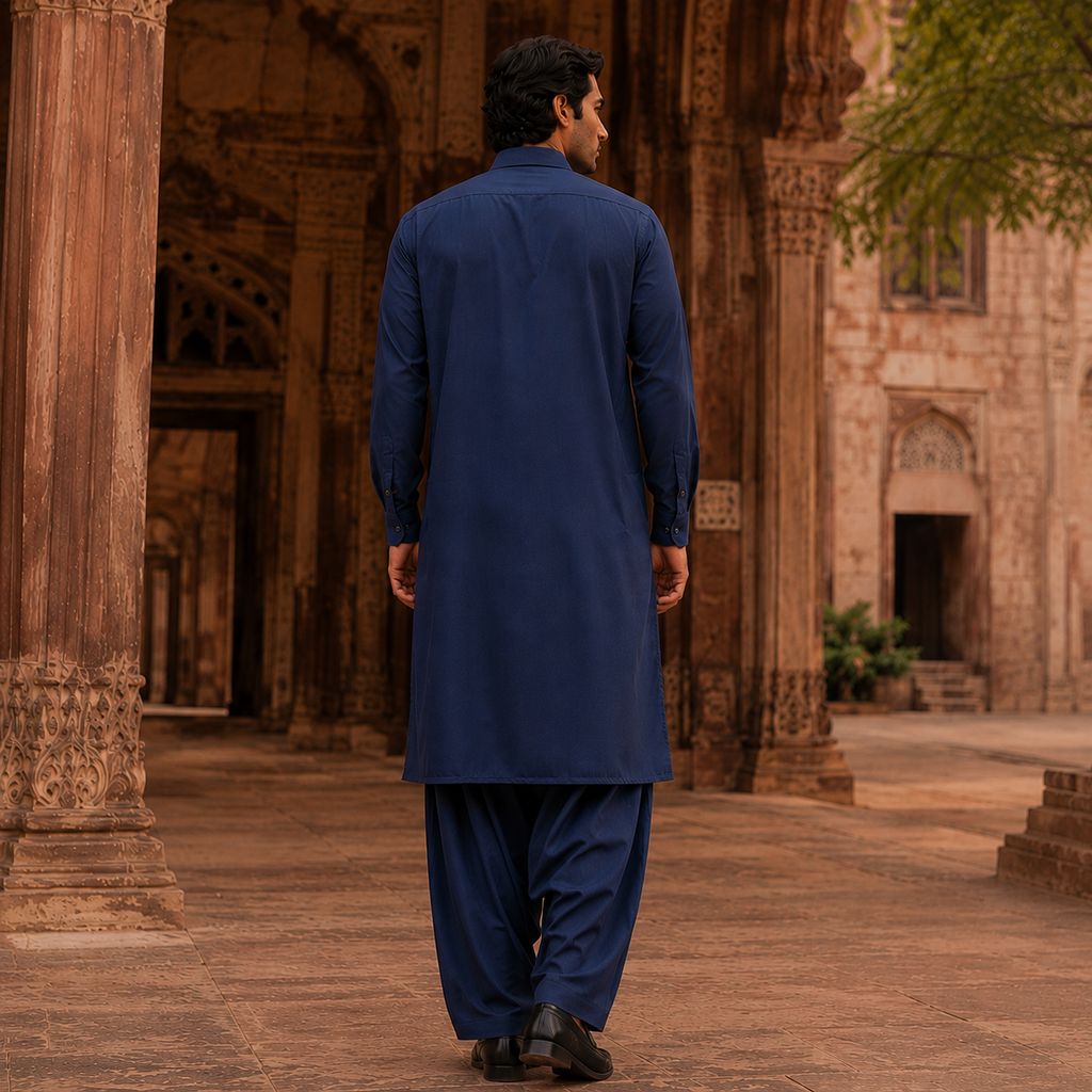 STITCHED - Midnight Blue Pashtoon Pathani Suit (Code - FKH-PMB-01)