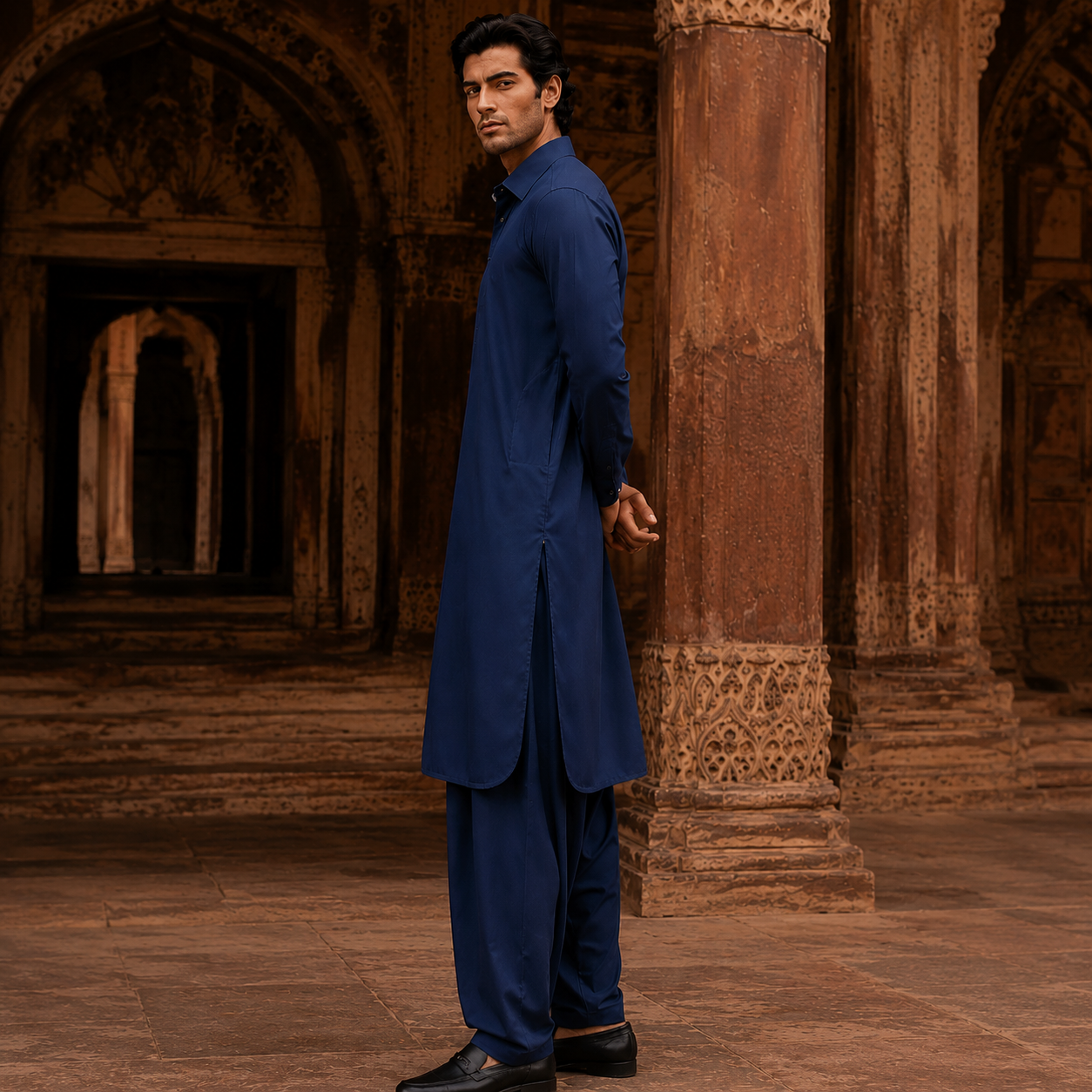 STITCHED - Midnight Blue Pashtoon Pathani Suit (Code - FKH-PMB-01)