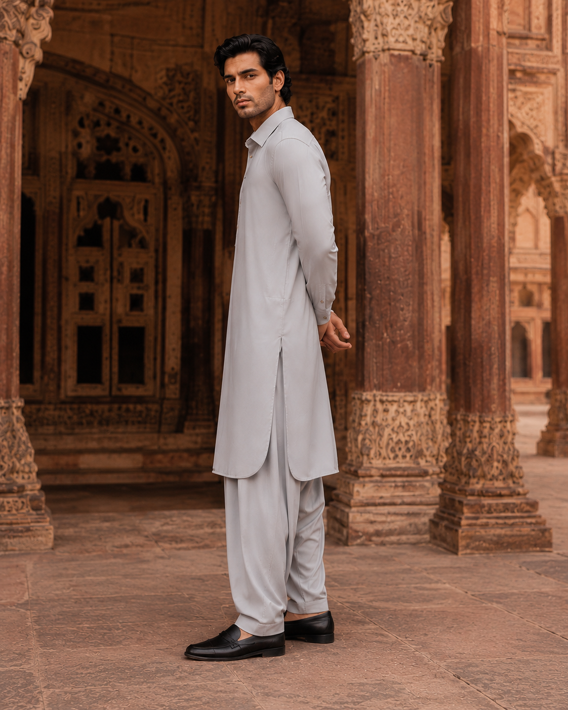 STITCHED - Light Grey Armani Pathani Suit - (Code FKH-ARGY-01)