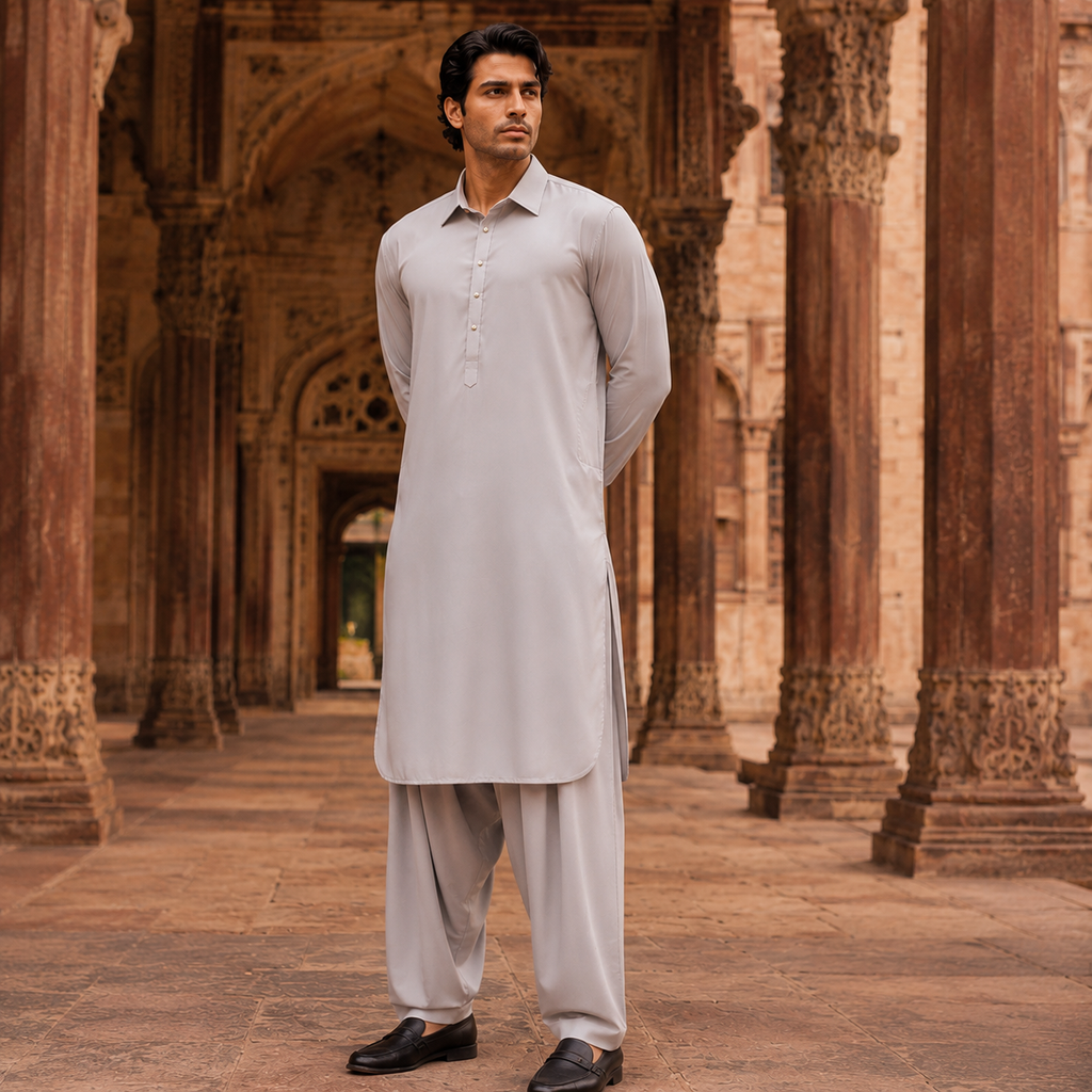 STITCHED - Light Grey Armani Pathani Suit - (Code FKH-ARGY-01)