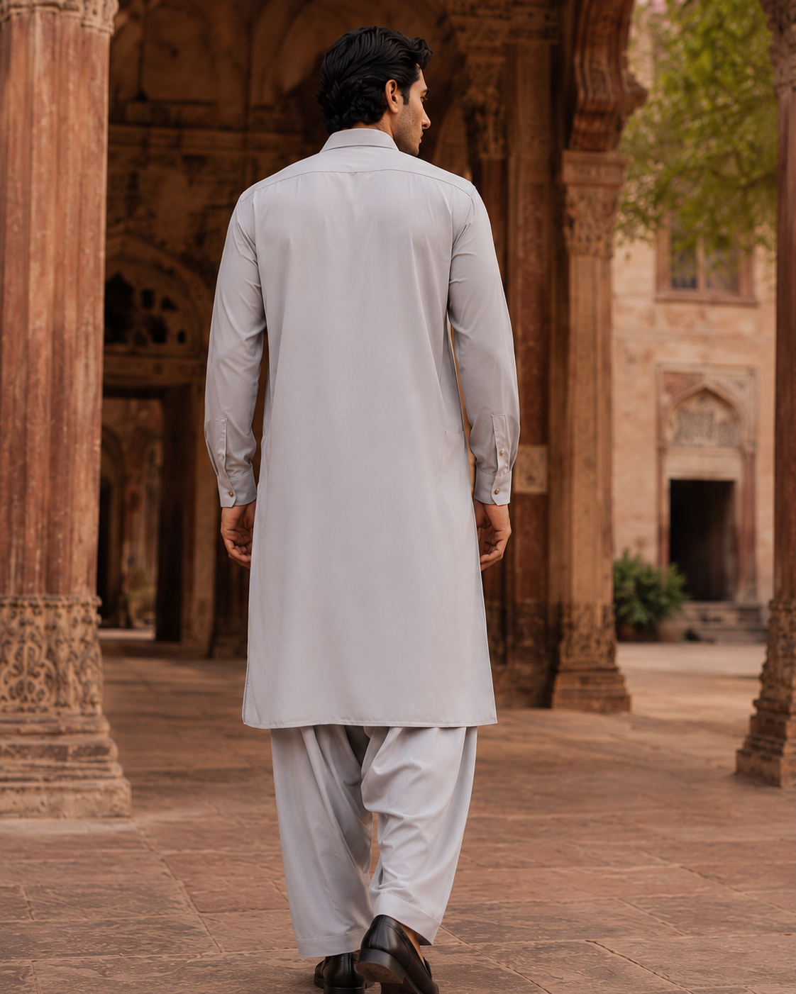 STITCHED - Light Grey Armani Pathani Suit - (Code FKH-ARGY-01)