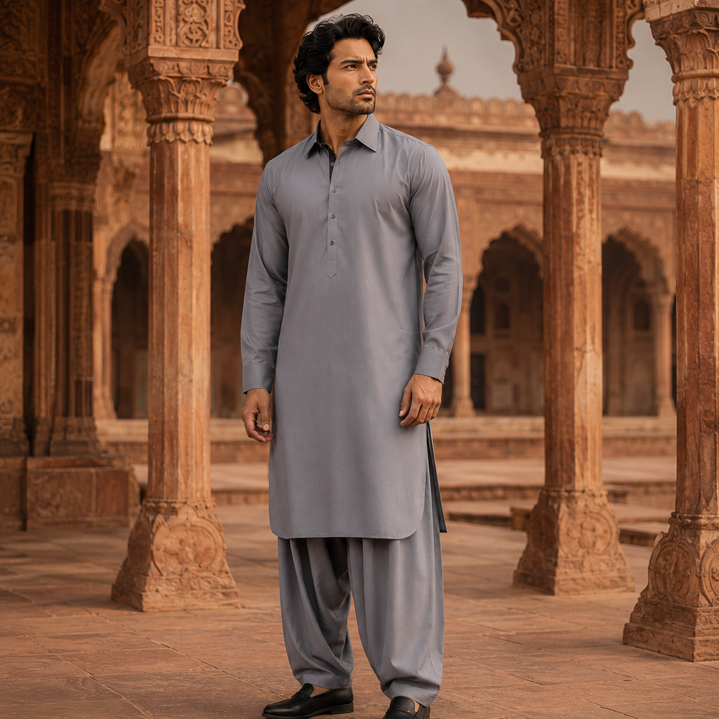 STITCHED - Grey Pashtoon Pathani Suit for Men - (Code FKH-PGY-01)
