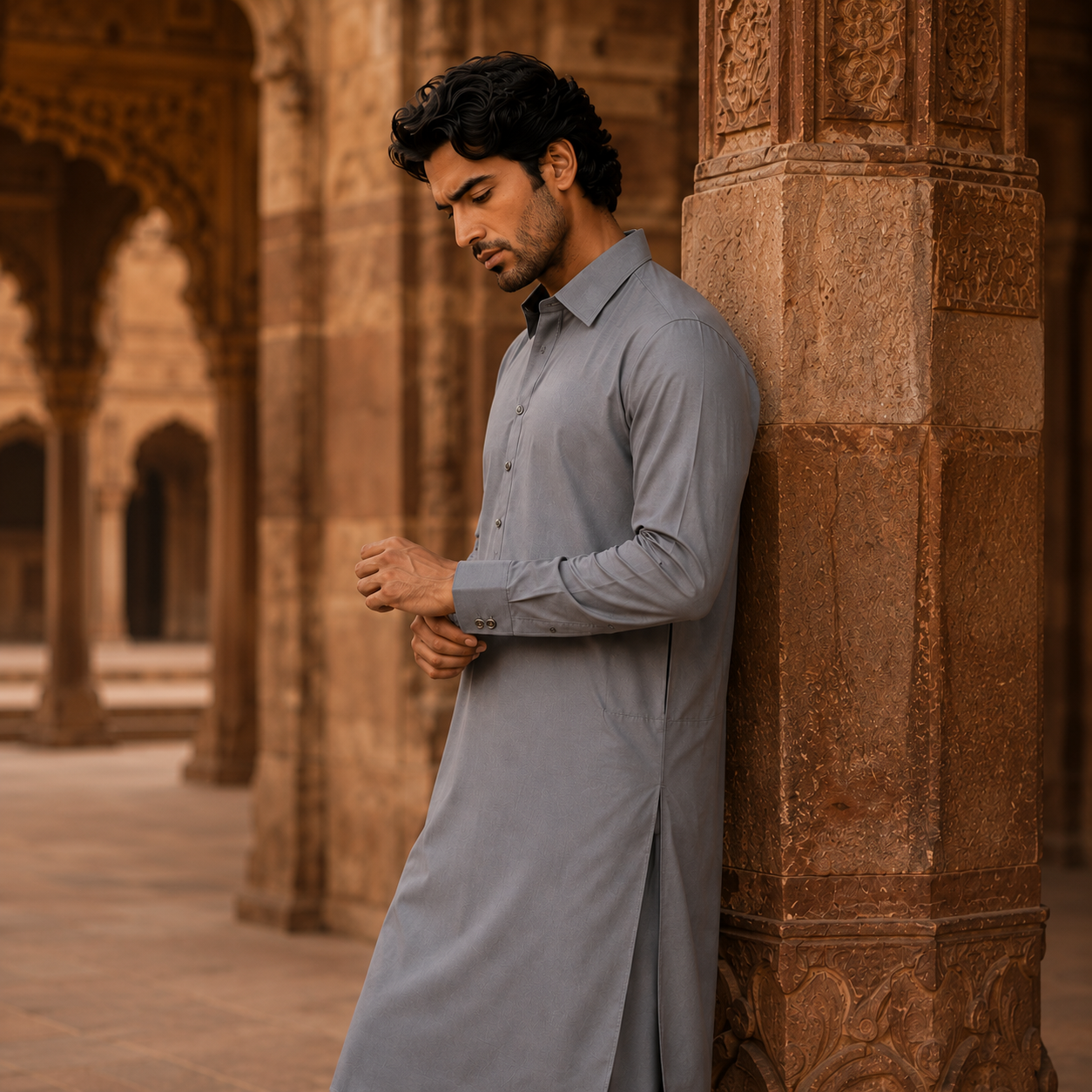 STITCHED - Grey Pashtoon Pathani Suit for Men - (Code FKH-PGY-01)
