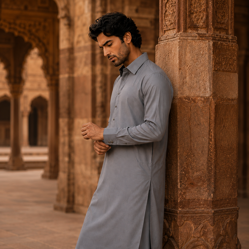 STITCHED - Grey Pashtoon Pathani Suit for Men - (Code FKH-PGY-01)