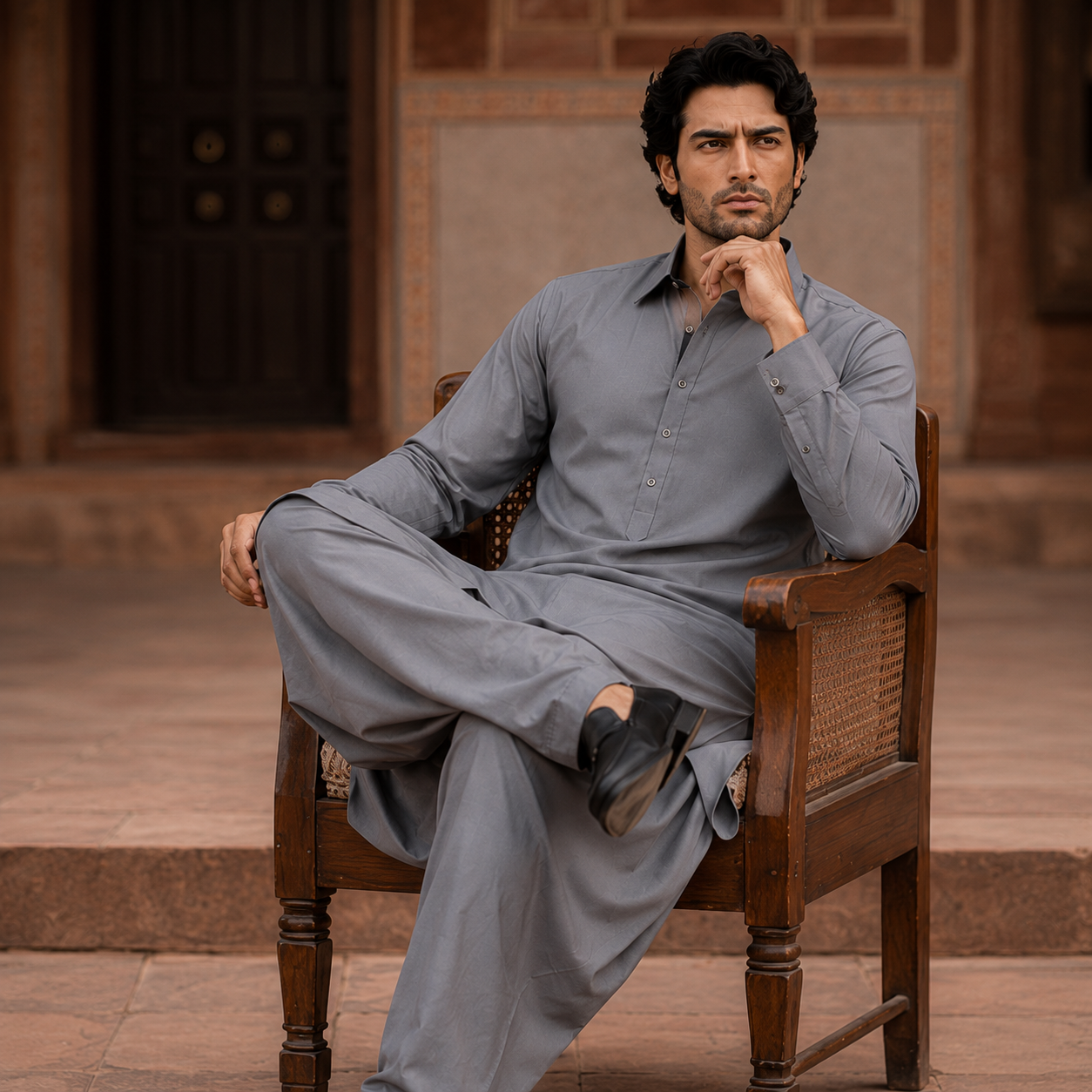 STITCHED - Grey Pashtoon Pathani Suit for Men - (Code FKH-PGY-01)