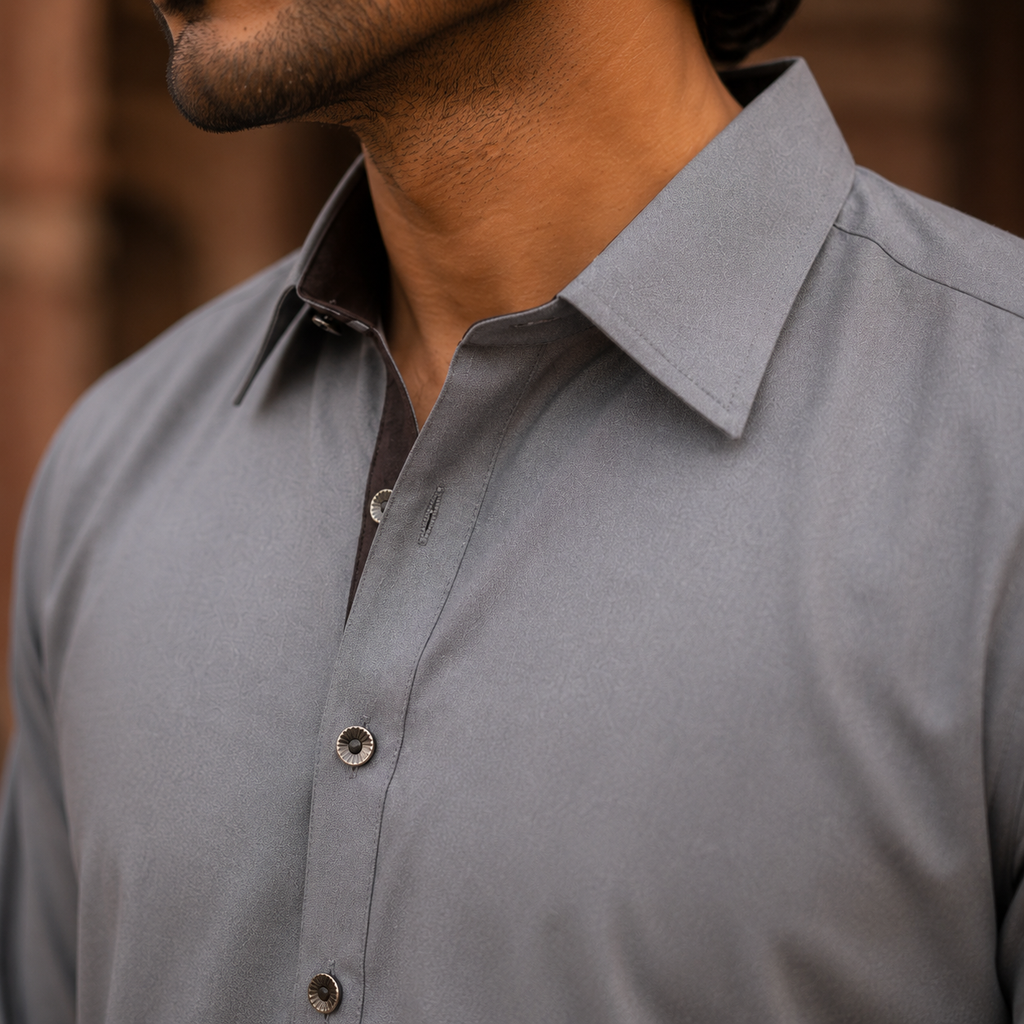 STITCHED - Grey Pashtoon Pathani Suit for Men - (Code FKH-PGY-01)