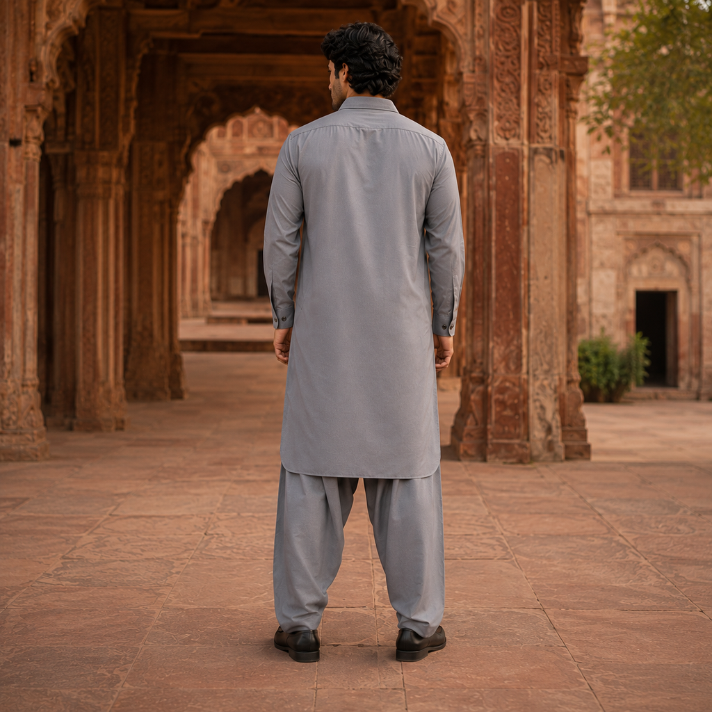 STITCHED - Grey Pashtoon Pathani Suit for Men - (Code FKH-PGY-01)