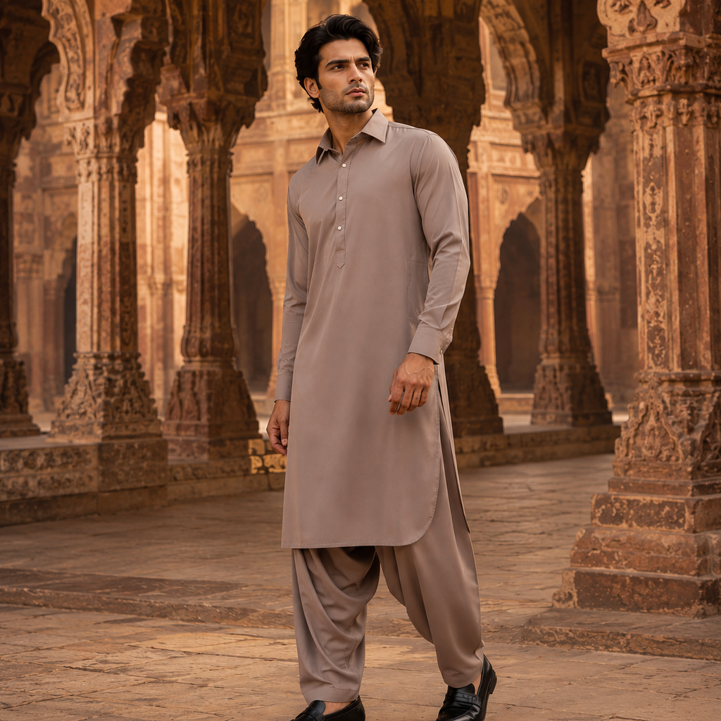 STITCHED - Light Mocha Beige Armani Pathani Suit (Code FKH-ARBR-02)