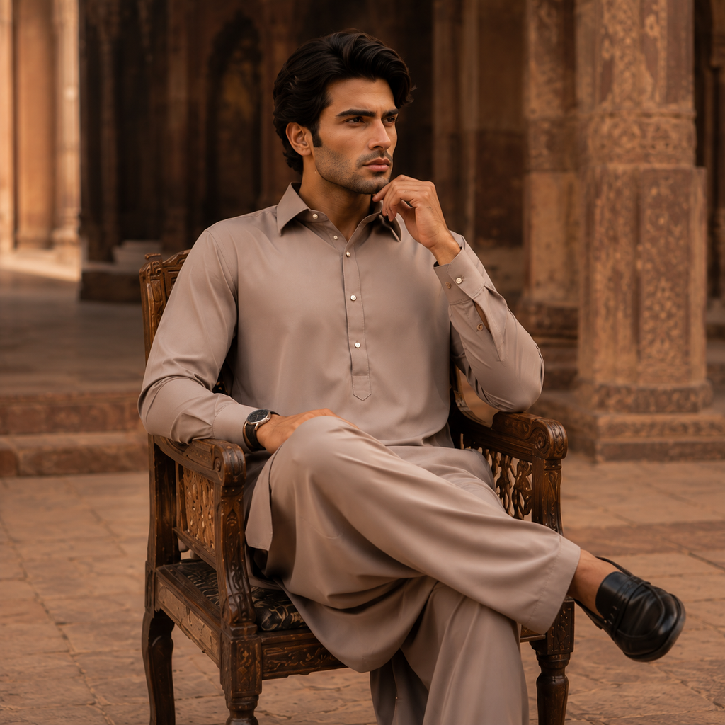 STITCHED - Light Mocha Beige Armani Pathani Suit (Code FKH-ARBR-02)