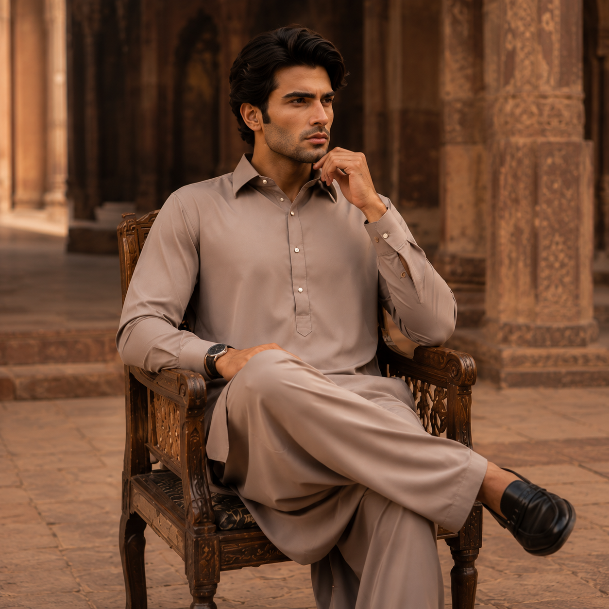 STITCHED - Light Mocha Beige Armani Pathani Suit (Code FKH-ARBR-02)