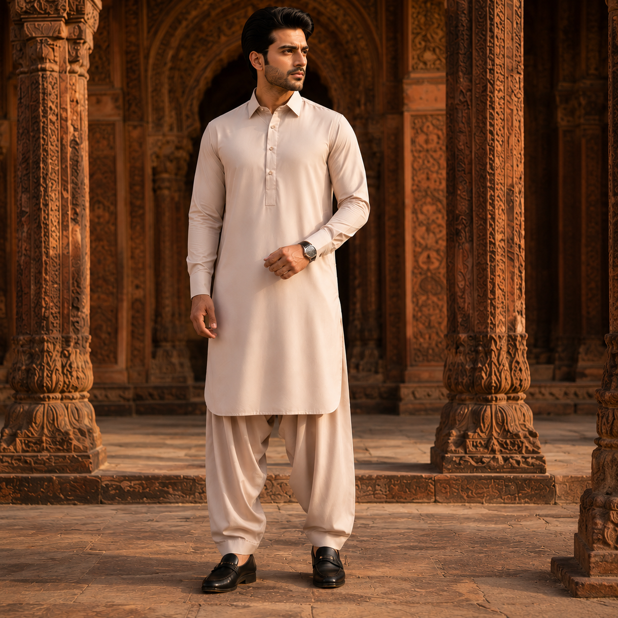 STITCHED - Beige Armani Pathani Suit for Men (Code FKH-ARCR-01)