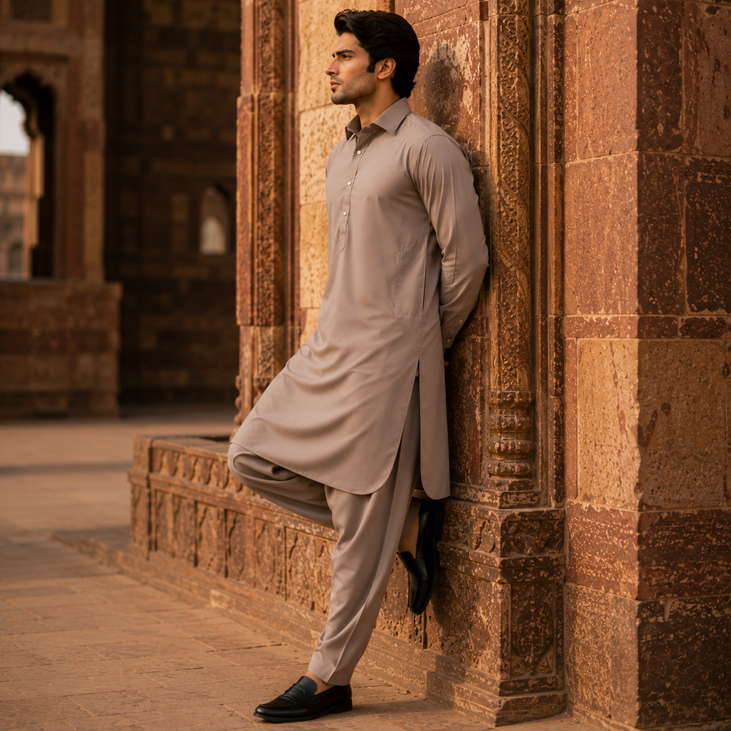 STITCHED - Light Mocha Beige Armani Pathani Suit (Code FKH-ARBR-02)