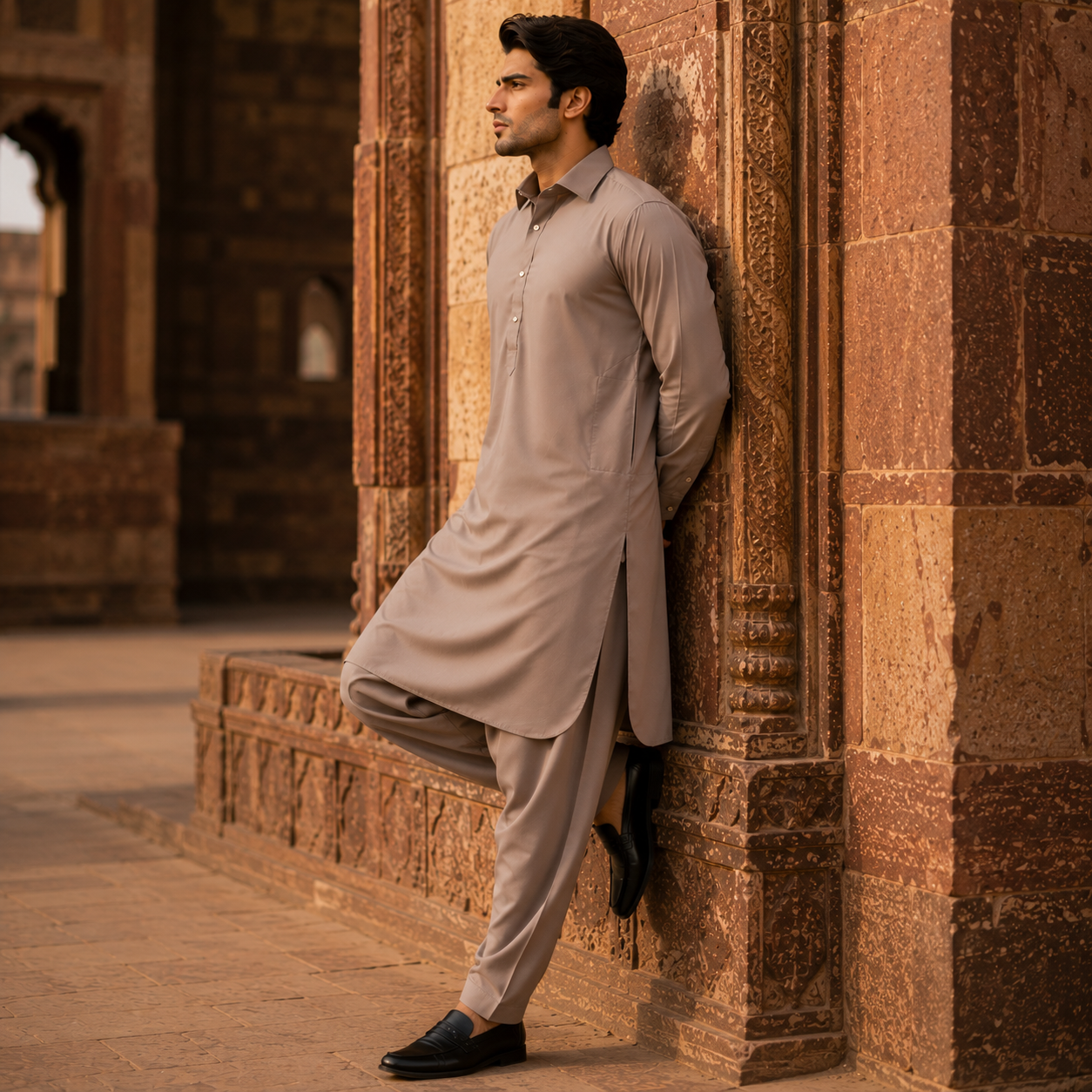STITCHED - Light Mocha Beige Armani Pathani Suit (Code FKH-ARBR-02)