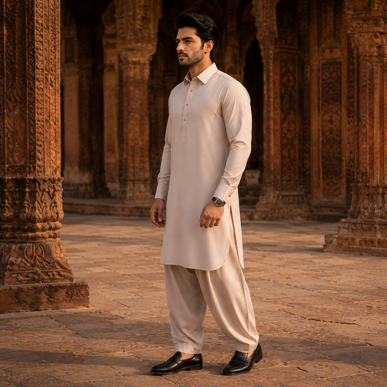 STITCHED - Beige Armani Pathani Suit for Men (Code FKH-ARCR-01)