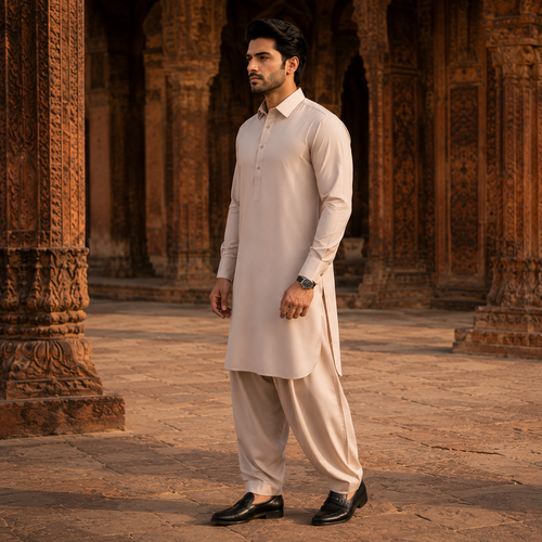 STITCHED - Beige Armani Pathani Suit for Men (Code FKH-ARCR-01)