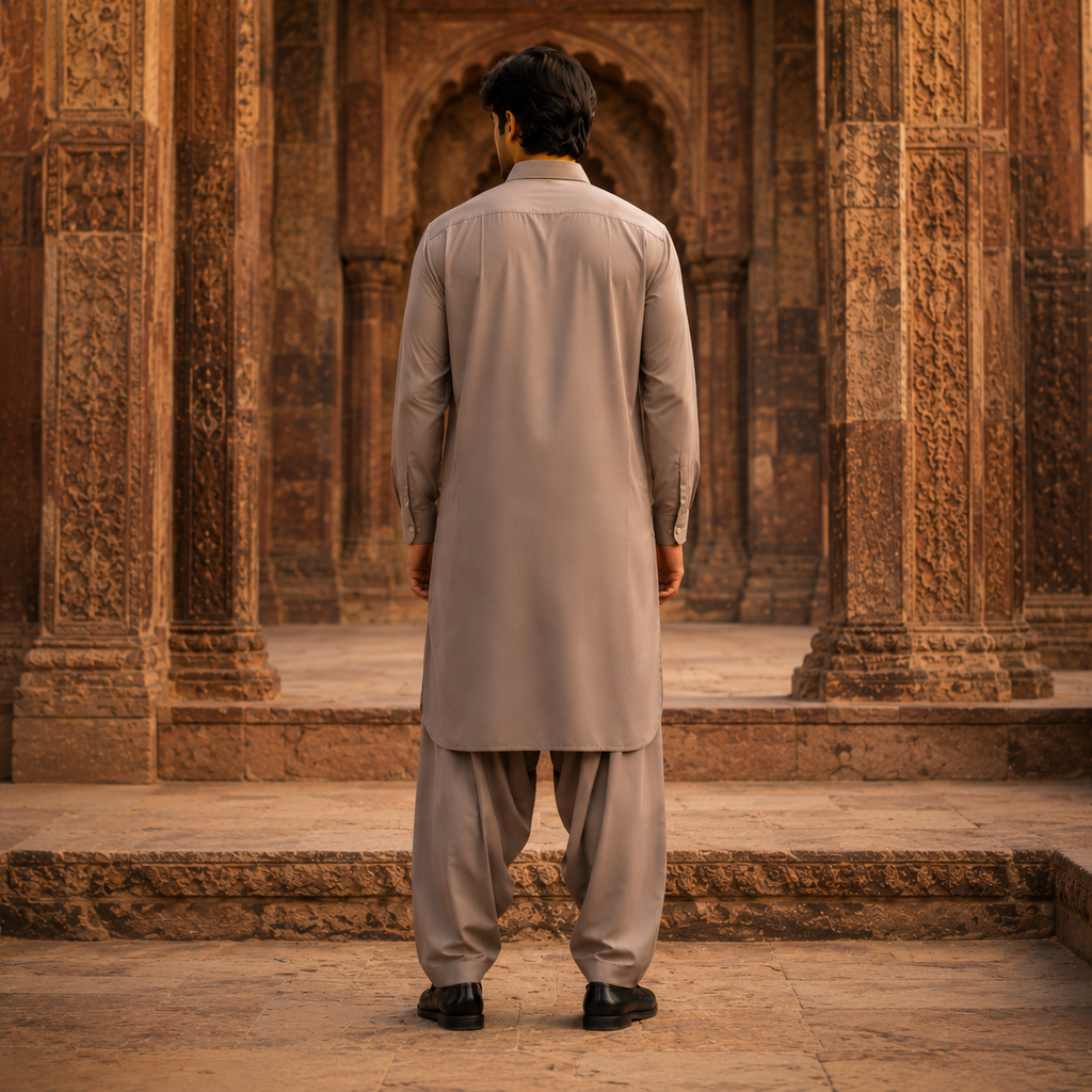 STITCHED - Light Mocha Beige Armani Pathani Suit (Code FKH-ARBR-02)