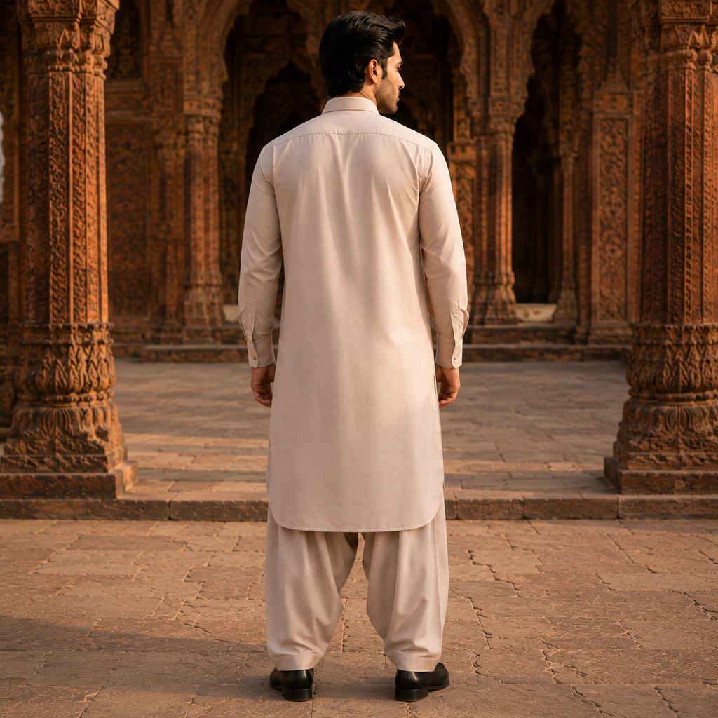 STITCHED - Beige Armani Pathani Suit for Men (Code FKH-ARCR-01)