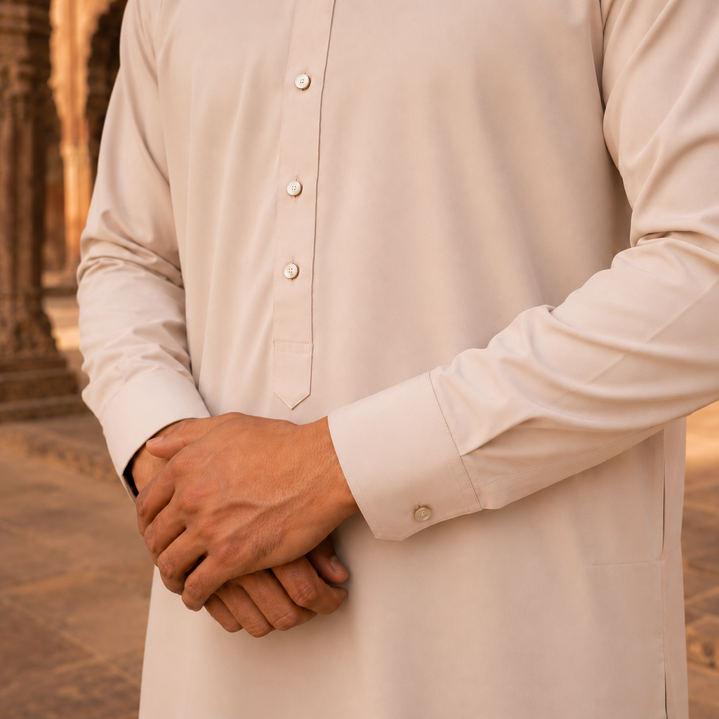 STITCHED - Beige Armani Pathani Suit for Men (Code FKH-ARCR-01)