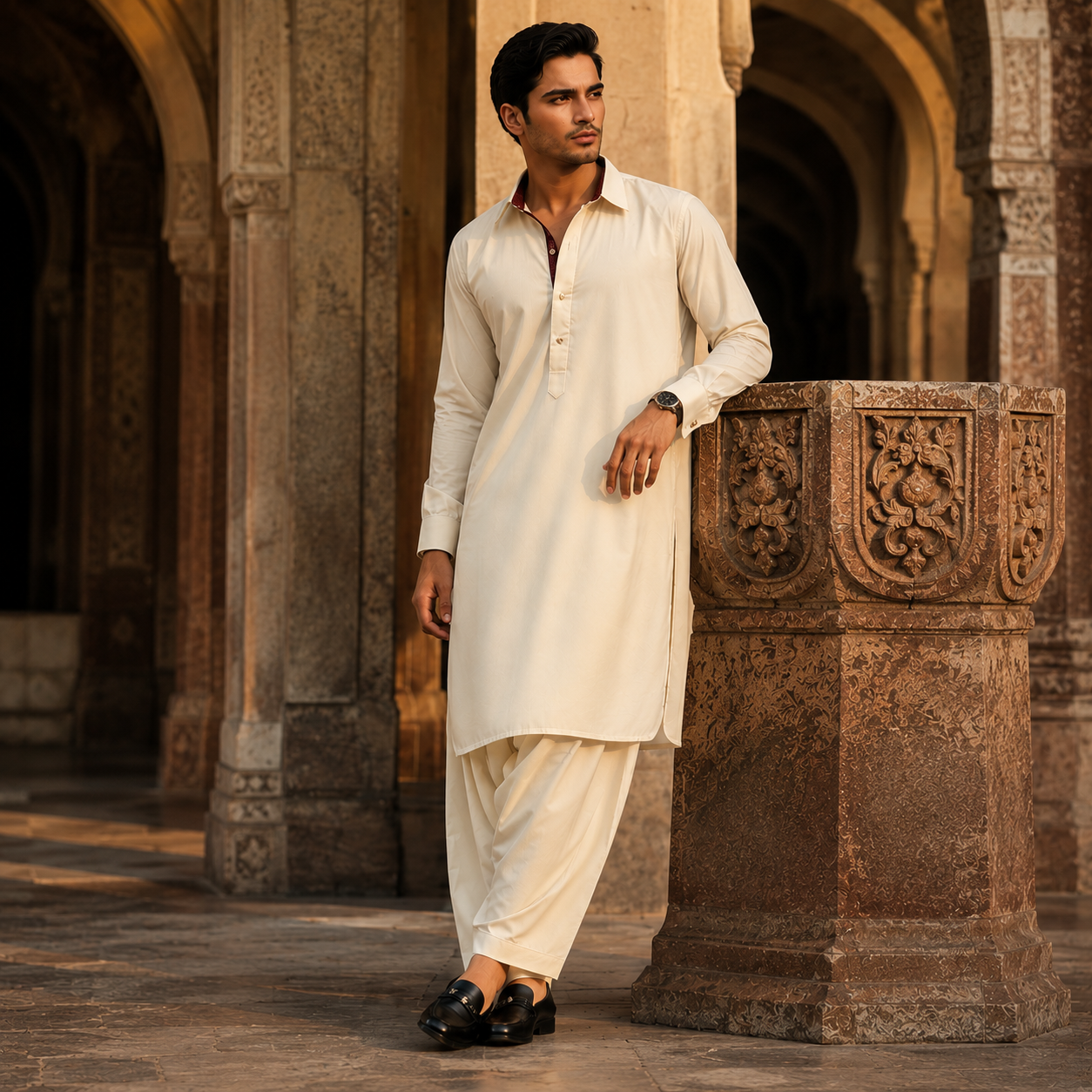 STITCHED -Creme Pashtoon Pathani Suit (Code FKH-PCR-01)