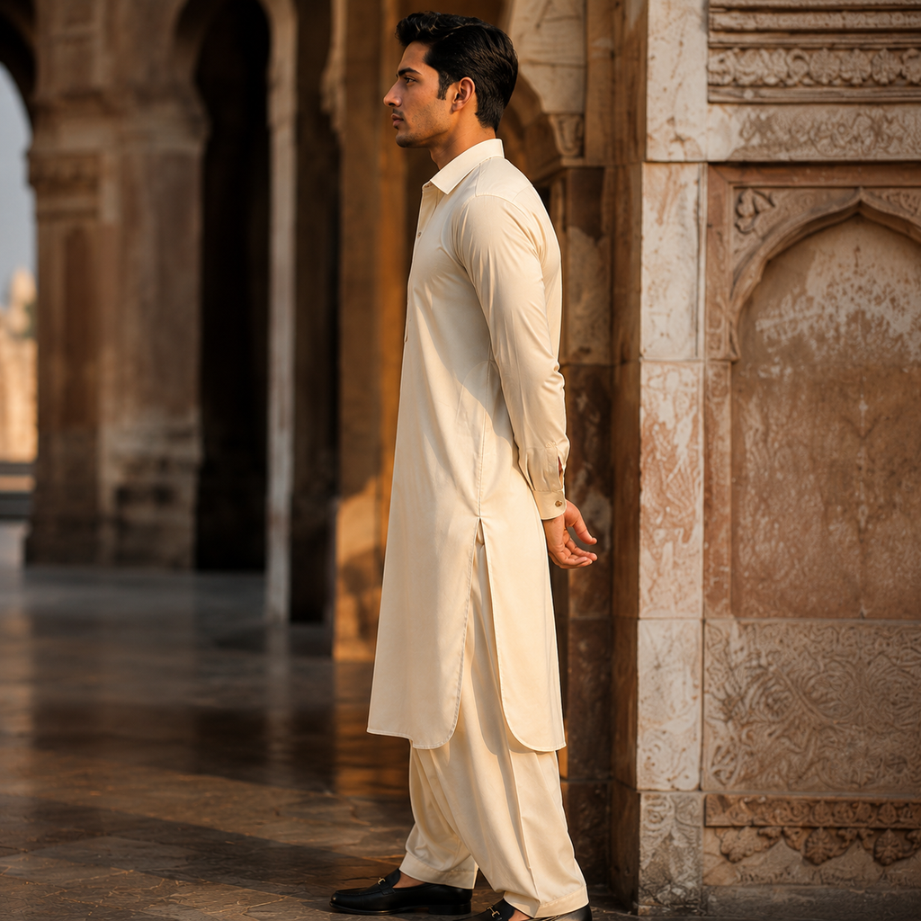 STITCHED -Creme Pashtoon Pathani Suit (Code FKH-PCR-01)