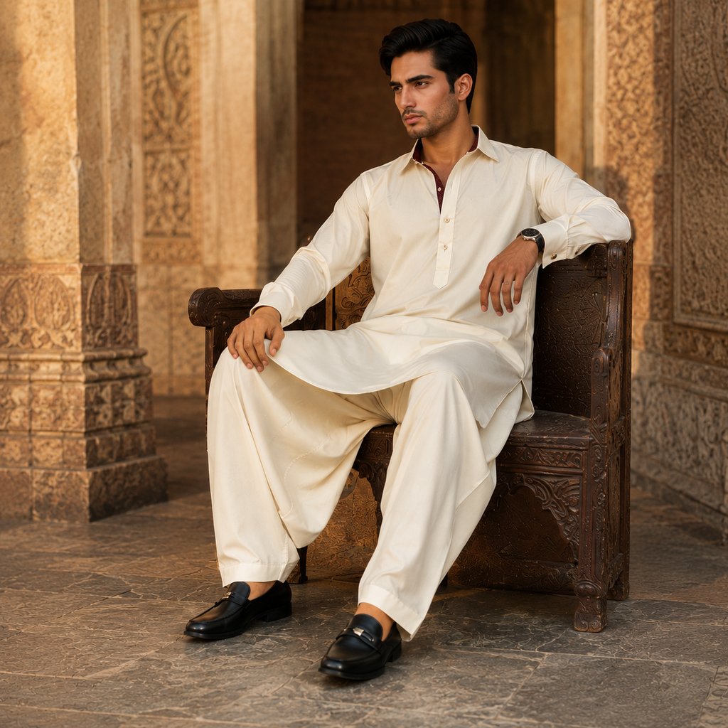 STITCHED -Creme Pashtoon Pathani Suit (Code FKH-PCR-01)