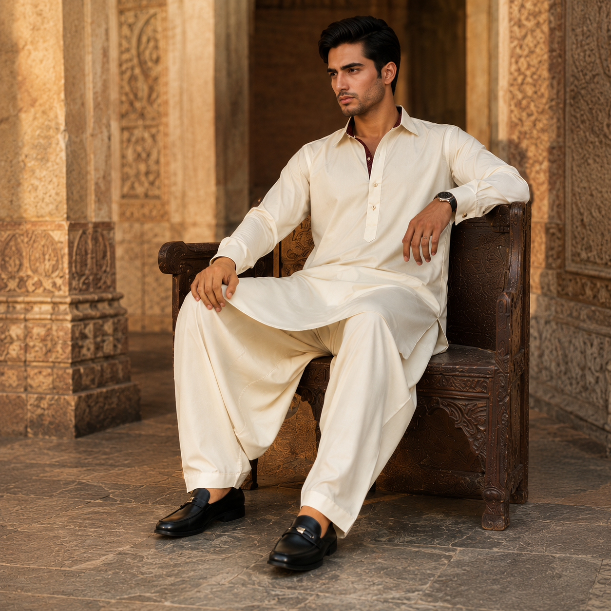 STITCHED -Creme Pashtoon Pathani Suit (Code FKH-PCR-01)