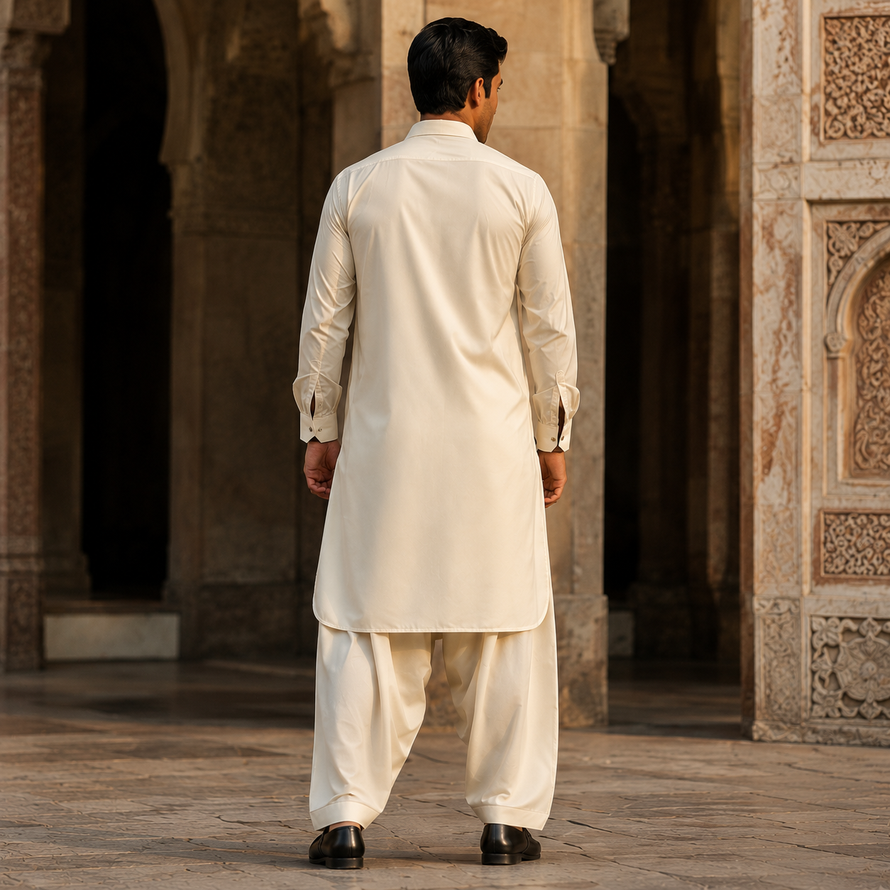 STITCHED -Creme Pashtoon Pathani Suit (Code FKH-PCR-01)