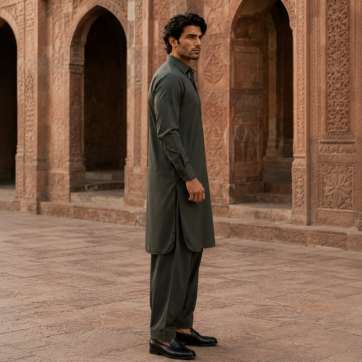 STITCHED - Olive Green Pashtoon Pathani Suit for Men