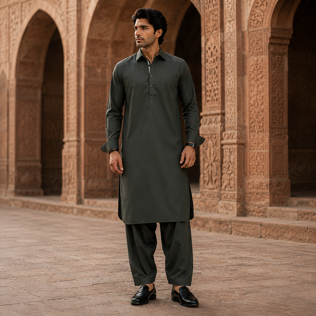STITCHED - Olive Green Pashtoon Pathani Suit for Men