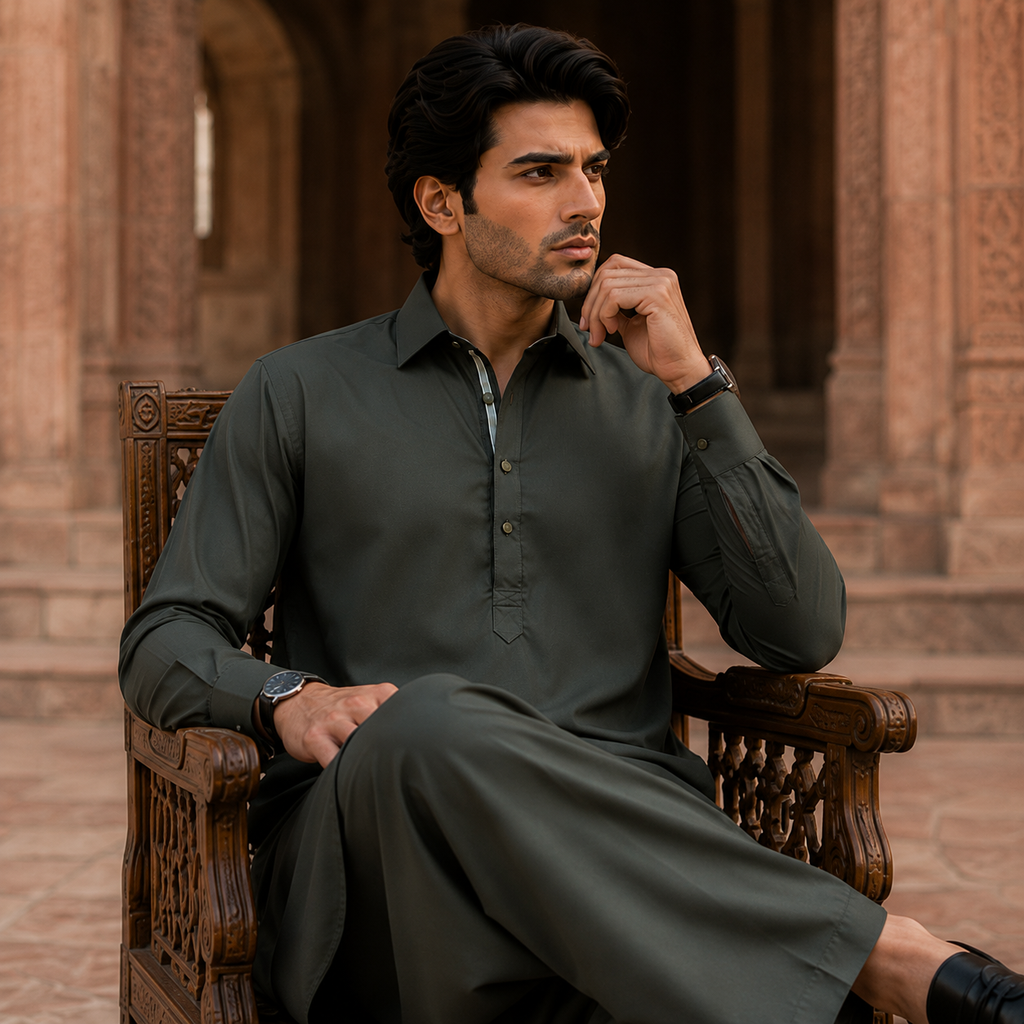 STITCHED - Olive Green Pashtoon Pathani Suit for Men