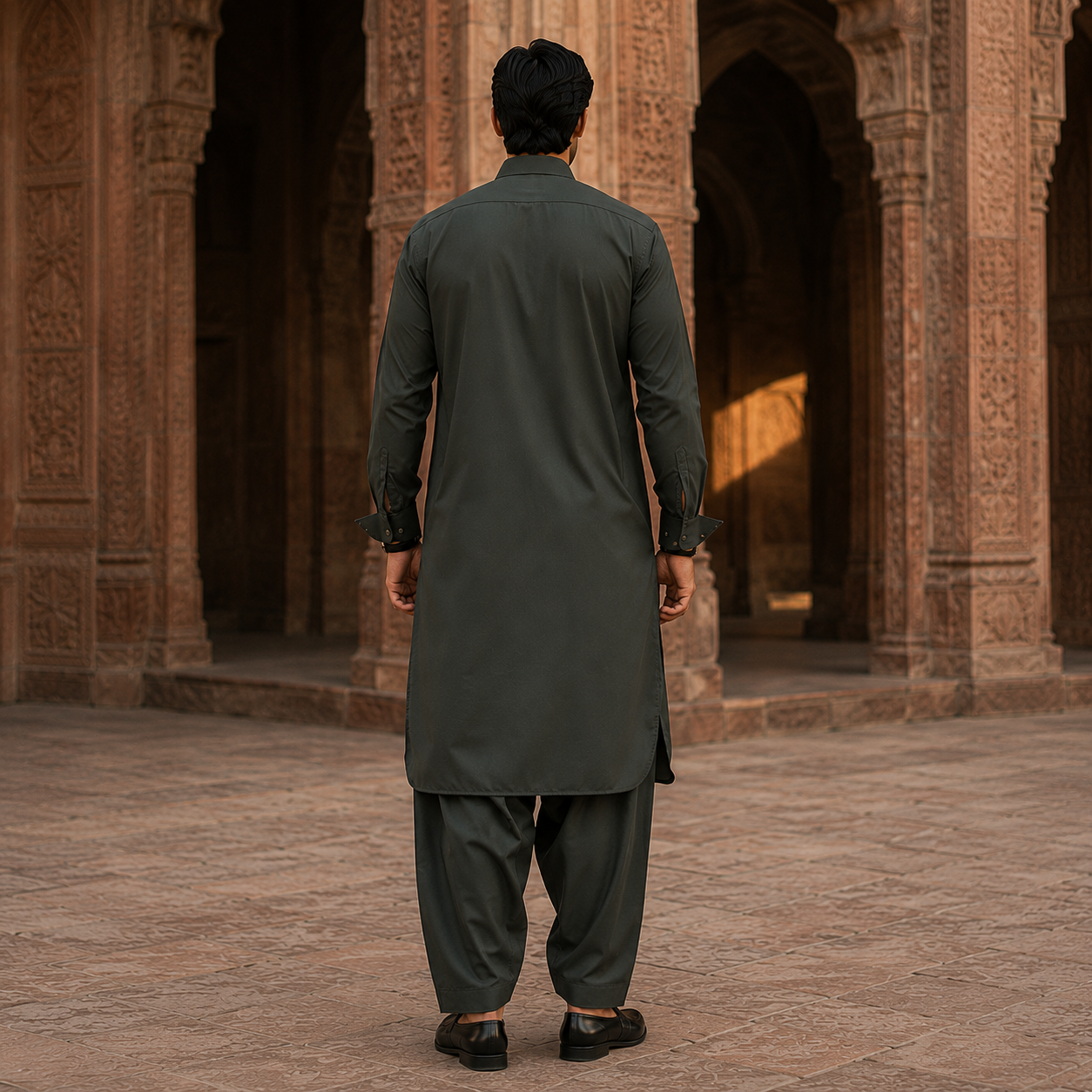 STITCHED - Olive Green Pashtoon Pathani Suit for Men