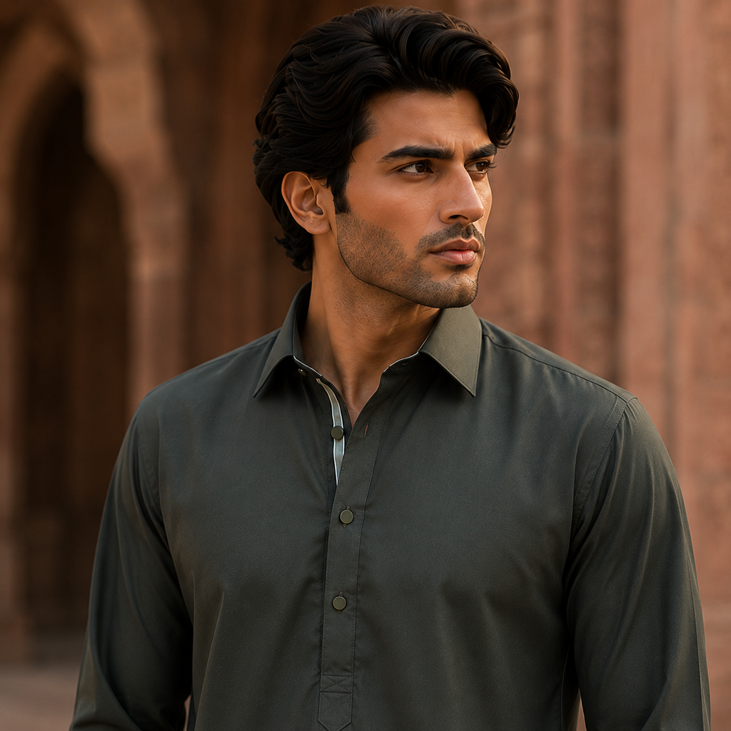 STITCHED - Olive Green Pashtoon Pathani Suit for Men