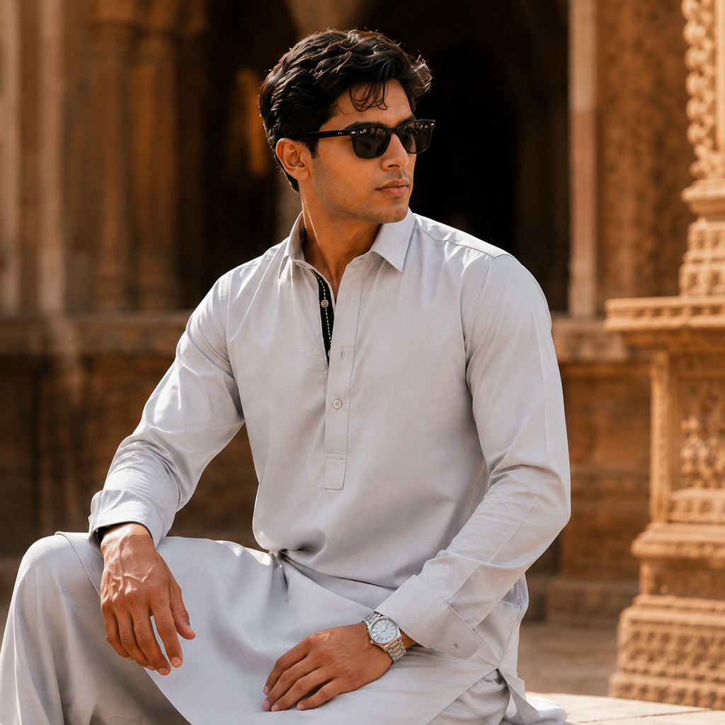 STITCHED - Light Grey Fine Textured Pathani Suit for Men
