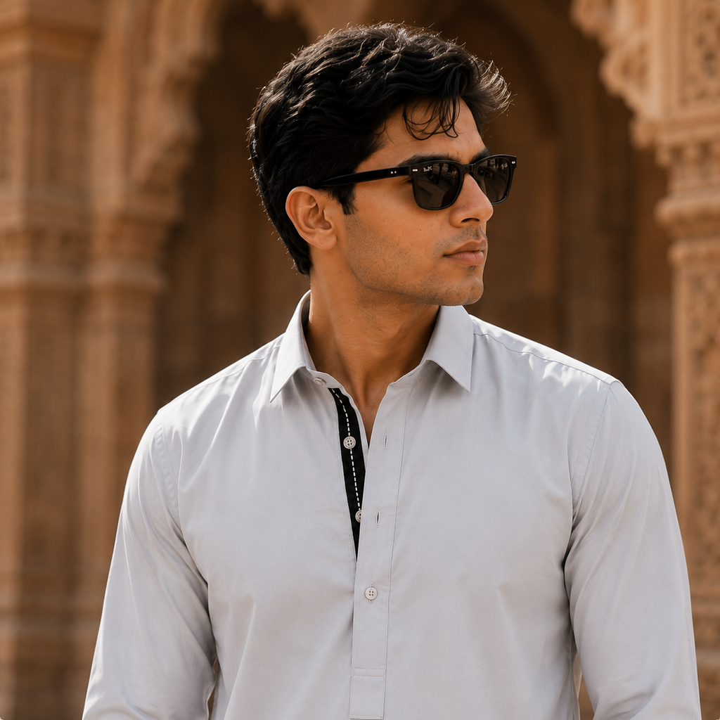 STITCHED - Light Grey Fine Textured Pathani Suit for Men
