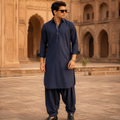 STITCHED - Navy Blue Boski Pathani Suit