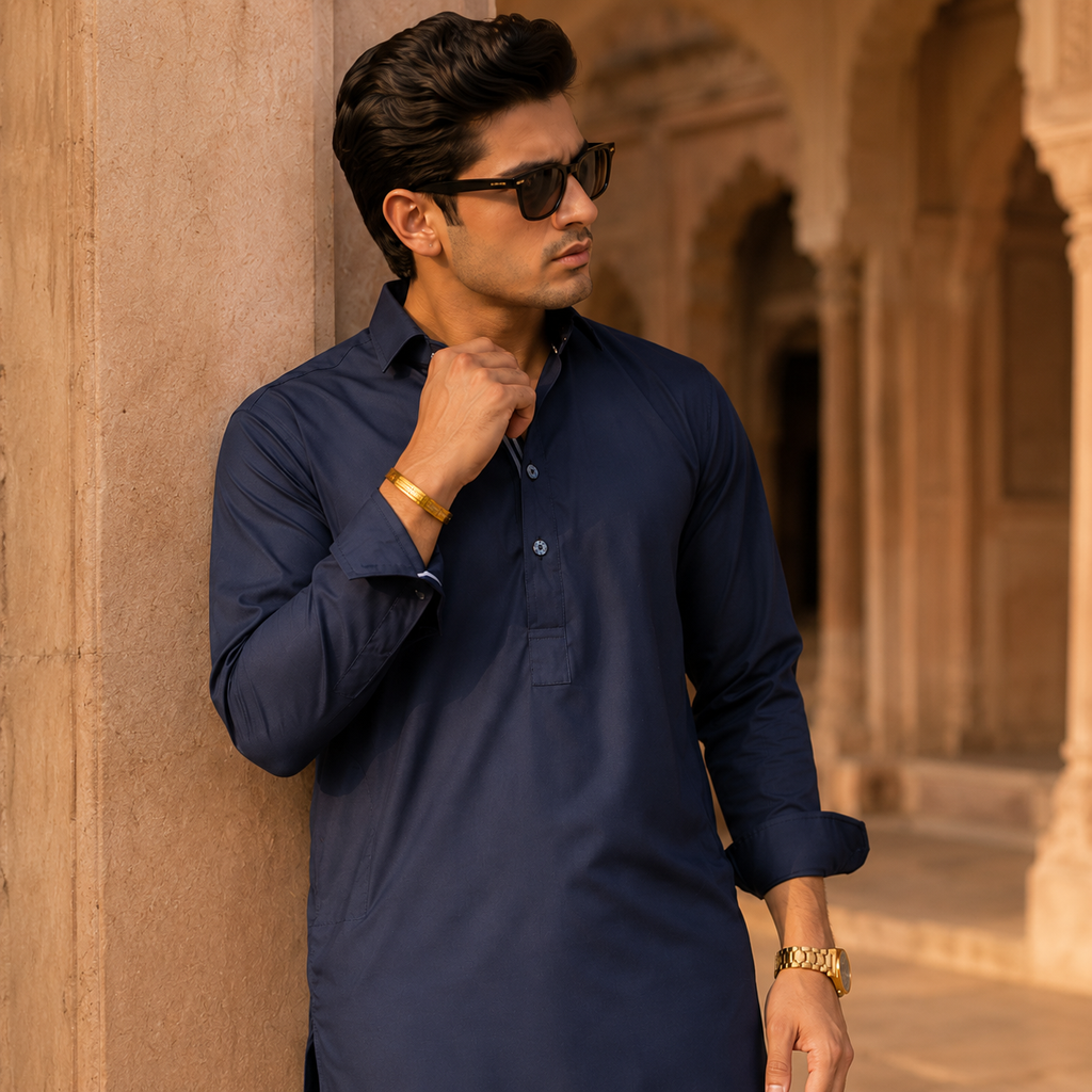 STITCHED - Navy Blue Boski Pathani Suit