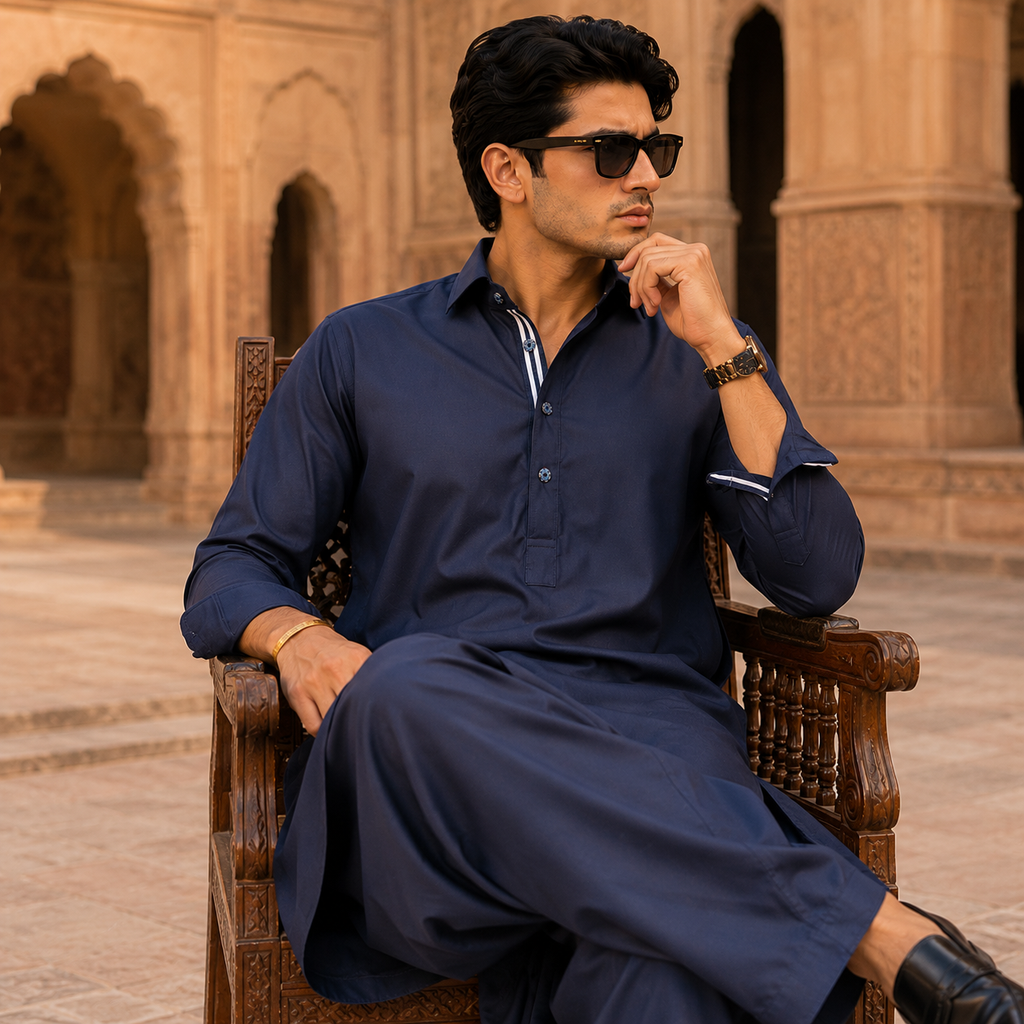 STITCHED - Navy Blue Boski Pathani Suit