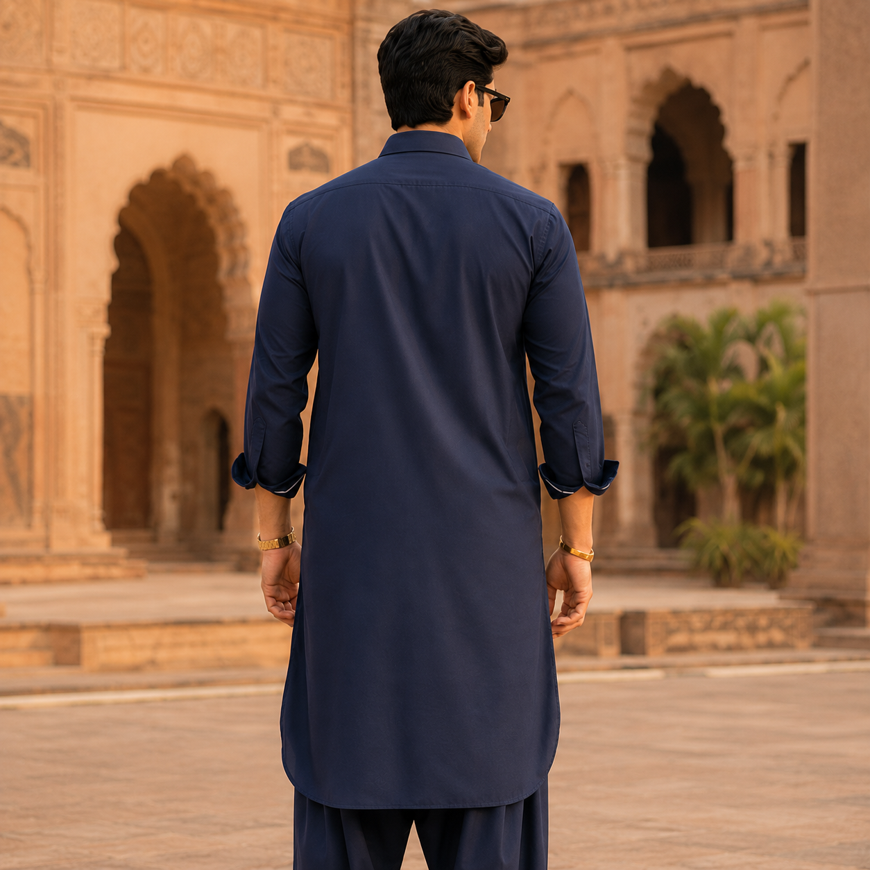 STITCHED - Navy Blue Boski Pathani Suit