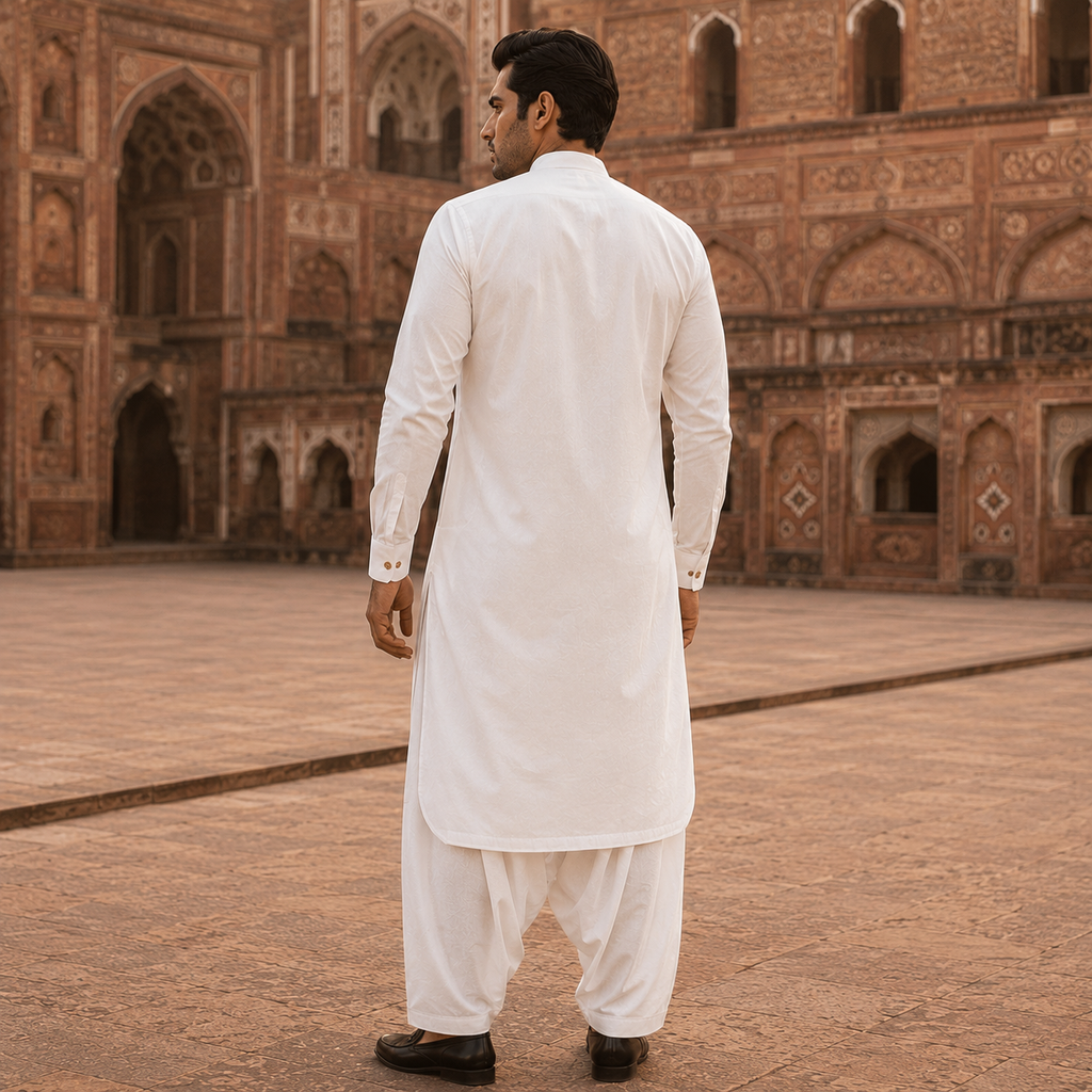 STITCHED - White Pure Cotton Kurta Shalwar with Champagne Gold Kashmiri Embroidery (FKH-CTK01)