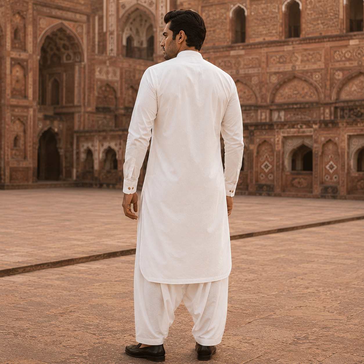 STITCHED - White Pure Cotton Kurta Shalwar with Champagne Gold Kashmiri Embroidery (FKH-CTK01)