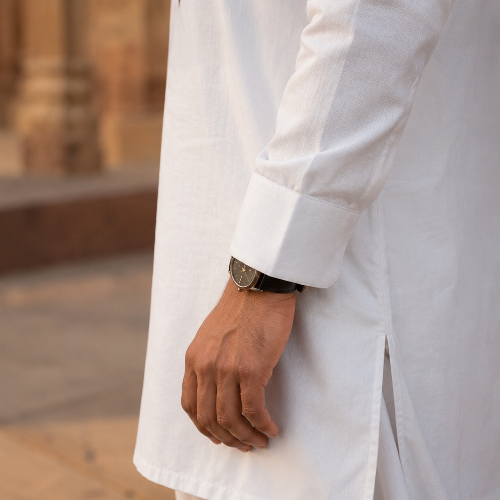 STITCHED - White Pure Cotton Kashmiri Embroidered Kurta Shalwar with Brown & Beige Embroidery (FKH-CTK13)
