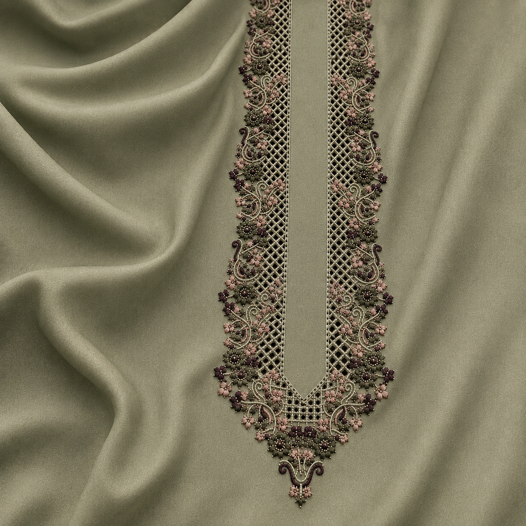 UNSTITCHED - Pure Cotton Sage Green  Kashmiri Embroidered Unstitched Kurta Pajama & Pathani Suit Fabric (FKH-CTKU08)