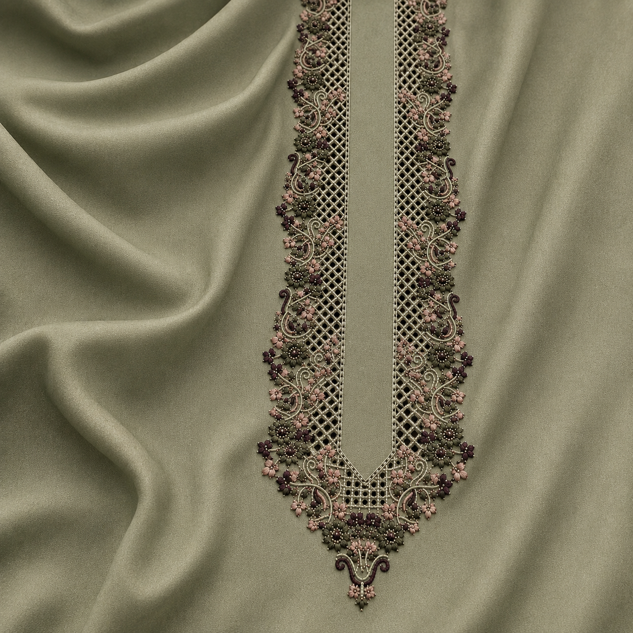 UNSTITCHED - Pure Cotton Sage Green  Kashmiri Embroidered Unstitched Kurta Pajama & Pathani Suit Fabric (FKH-CTKU08)