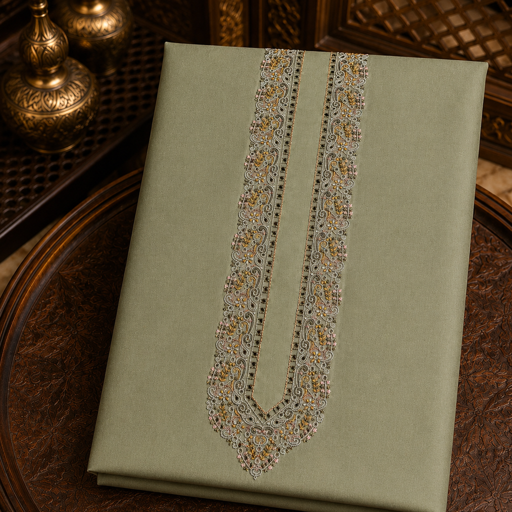 UNSTITCHED - Pure Cotton Sage Green Kashmiri Embroidered Unstitched Kurta Pajama & Pathani Suit Fabric (FKH-CTKU12)