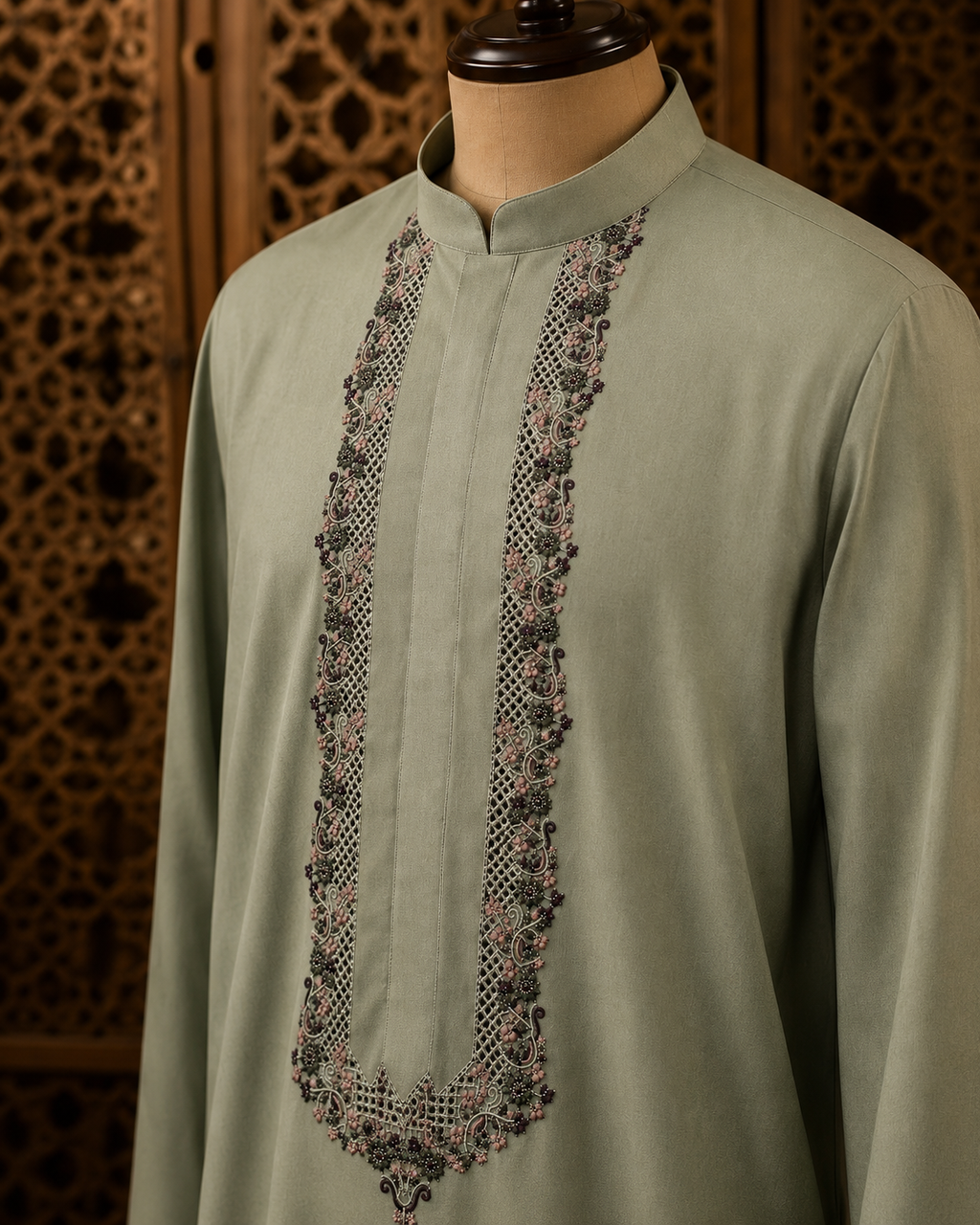UNSTITCHED - Pure Cotton Sage Green  Kashmiri Embroidered Unstitched Kurta Pajama & Pathani Suit Fabric (FKH-CTKU08)